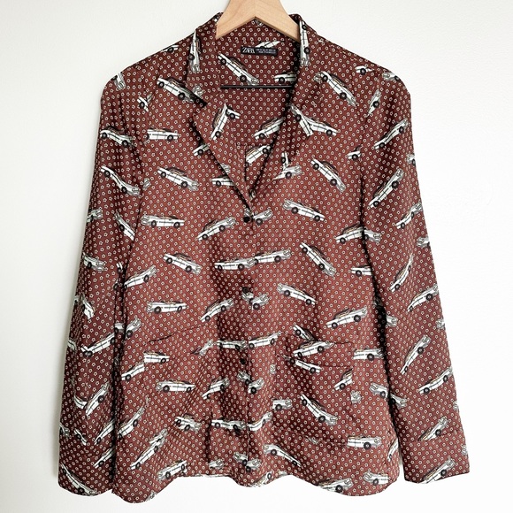Zara Retro Vintage Car & Floral Print Button Down Blouse - Picture 1 of 4